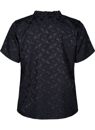 ZizziJacquard blouse met korte mouwen en strikjes, Black, Packshot image number 1