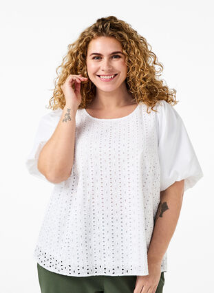 Zizzi Chemisier à manches bouffantes et motif en dentelle, Bright White, Model image number 0