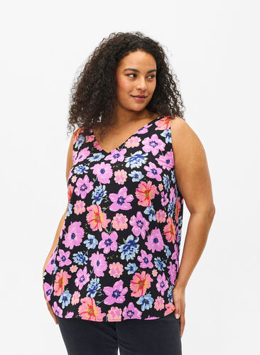 Zizzi Top floral avec col en V, Black Big Flower AOP, Model image number 0