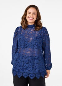 Kanten blouse met strikdetail, Estate Blue, Model