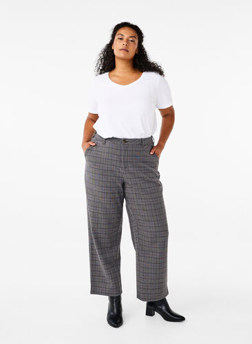 Zizzi Pantalon à carreaux avec taille haute et jambes droites, Check, Model image number 0