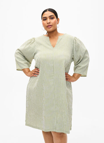 Zizzi Robe rayée à manches 3/4, Green Stripe, Model image number 0