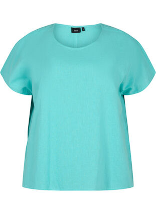 ZizziKatoenen blouse met korte mouwen van katoenmix met linnen, Turquoise, Packshot image number 0