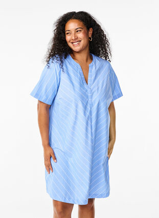 Zizzi Robe rayée en coton biologique, Blue Stripe, Model image number 0