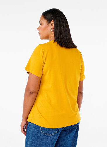 ZizziBasic katoenen T-shirt met ronde hals, Golden Yellow, Model image number 1