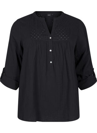 ZizziKatoenen blouse met broderie anglaise en 3/4 mouwen, Black, Packshot image number 0