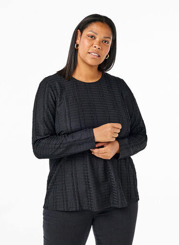 ZizziGestructureerde lange mouw blouse, Black, Model image number 0