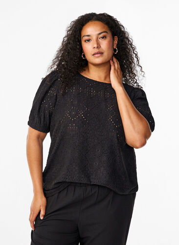 ZizziBlouse met korte mouwen en patroon met kant, Black, Model image number 0