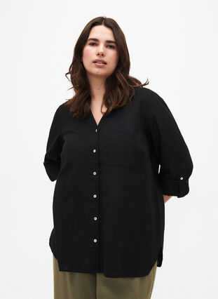 ZizziShirtblouse met knoopsluiting van katoen-linnenmix, Black, Model image number 0