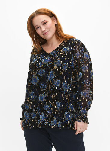 ZizziBloemenblouse met lange mouwen en v-hals, Black Blue Flower , Model image number 0