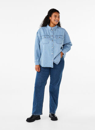 ZizziGestreept denim overhemd met borstzakken, Light B.Denim Stripe, Model image number 4