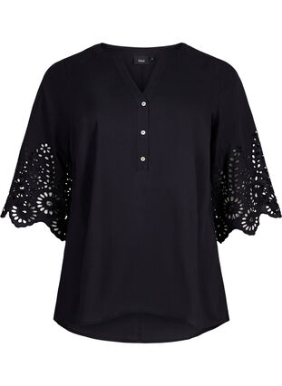 ZizziShirt blouse met broderie anglaise en 3/4-mouwen, Black, Packshot image number 0