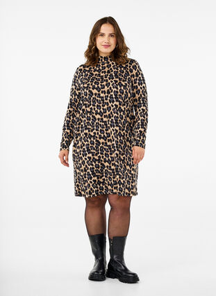 ZizziFLASH - Jurk met lange mouwen en col, Leopard Print, Model image number 2