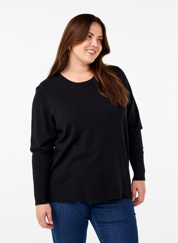 ZizziFLASH - Gebreide blouse met ronde hals, Black, Model image number 0