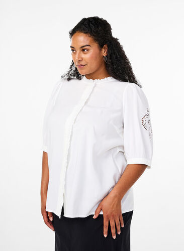 ZizziOverhemdblouse met ruches en broderie anglaise, Bright White, Model image number 0