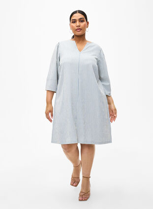 Zizzi Robe rayée à manches 3/4, Blue Stripe, Model image number 2