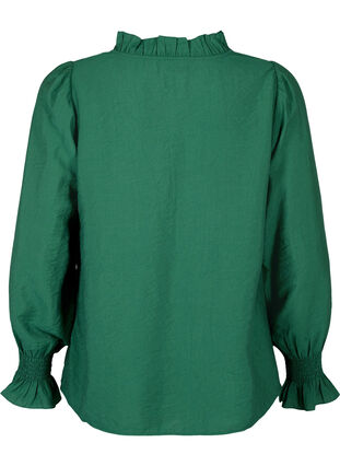 ZizziLange-mouwen viscose blouse met ruche details, Hunter Green, Packshot image number 1