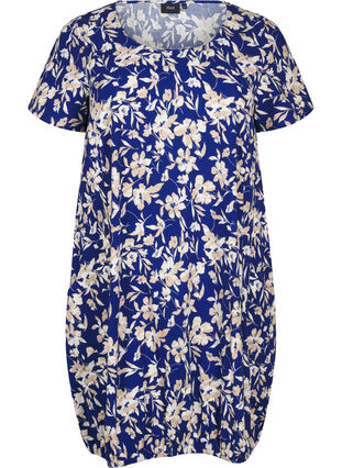 Zizzi Robe en coton à manches courtes avec imprimé floral, Blue W. Beige Flower, Packshot image number 0