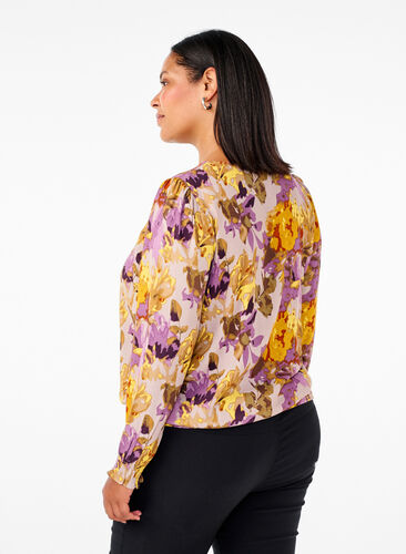 Zizzi Chemisier à smocks avec imprimé floral, Purple Flower, Model image number 1