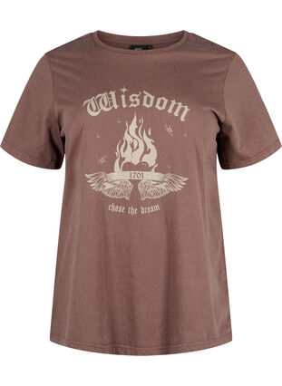 Zizzi Tee-shirt en coton biologique avec imprimé, Brown Wash W. Wisdom, Packshot image number 0