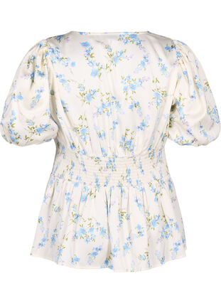 Zizzi Chemisier en satin floral avec manches bouffantes, Off White Blue Fl., Packshot image number 1