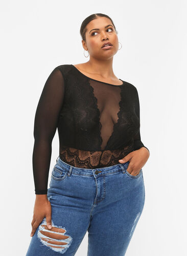 Zizzi Body avec dentelle et mesh, Black, Model image number 0