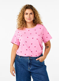 T-shirt en coton biologique avec motif de lèvres brodé, Rose Bl. Lips Emb. , Model