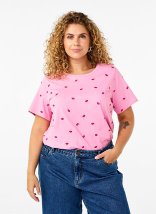 Zizzi T-shirt en coton bio avec citrons, Rose Bl. Lips Emb. , Model image number 0