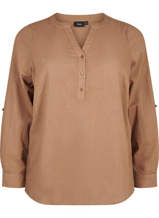 ZizziKatoenen overhemdblouse met V-hals, Coca Mocha, Packshot image number 0