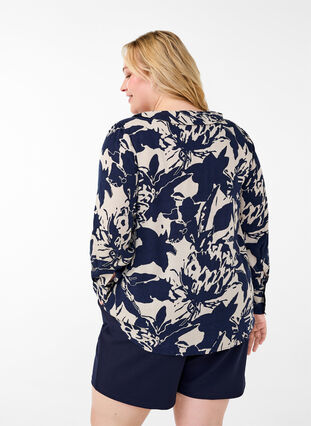 ZizziShirt met lange mouwen, print en V-hals, Navy Blazer AOP, Model image number 1