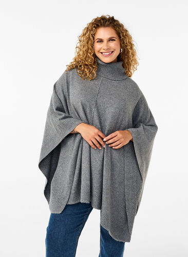 ZizziPoncho met hoge hals, Medium Grey Melange, Model image number 0