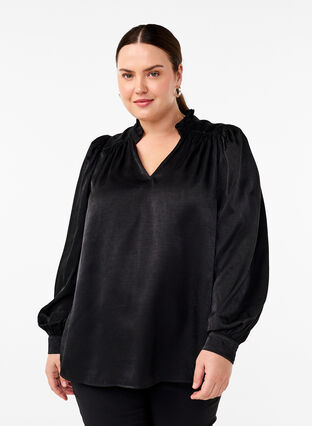 ZizziBlouse met lange mouwen, ruches en V-hals, Black, Model image number 0