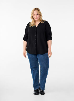 ZizziViscose overhemd blouse met driekwart mouwen., Black, Model image number 2