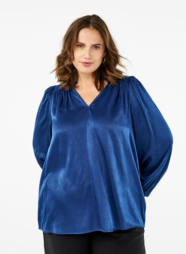 ZizziBlouse met lange mouwen, ruches en V-hals, Estate Blue, Model image number 0