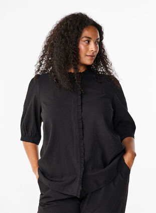 ZizziOverhemdblouse met ruches en broderie anglaise, Black, Model image number 0