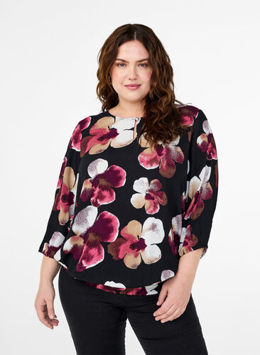 ZizziViscose blouse met print en smok, Black Pink FlowerAOP, Model image number 0