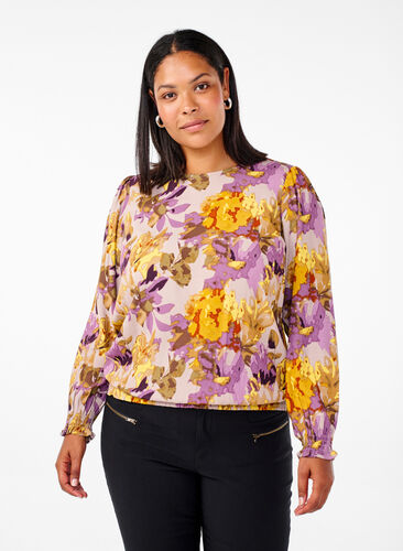 Zizzi Chemisier à smocks avec imprimé floral, Purple Flower, Model image number 0