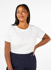 Katoenen T-shirt met strassteentjes, Bright White, Model