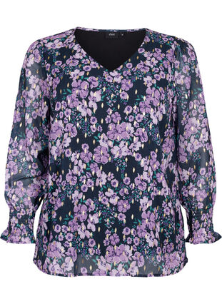 ZizziBloemenblouse met lange mouwen en v-hals, Black Small Fl. AOP, Packshot image number 0