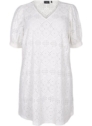 Zizzi Robe courte avec col en V et motifs à trous, Bright White, Packshot image number 0