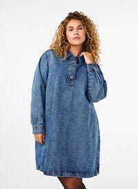 Robe courte en denim, manches longues, forme trapèze, Blue Denim, Model