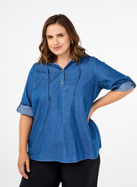 Denim blouse met capuchon, Medium Blue Denim, Model