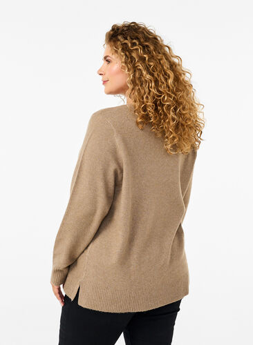 Zizzi  Chemisier en tricot avec col en V, Desert Taupe Melange, Model image number 1