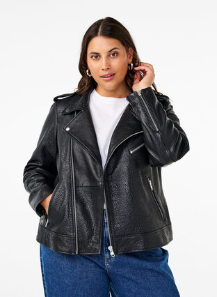 Zizzi Veste de motard en cuir avec des poches, Black, Model image number 0