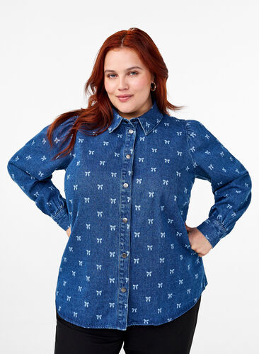 Zizzi Chemise à nœuds en jean, Denim Blue W. Wh.Bow, Model image number 0