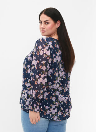 ZizziBloemenblouse met lange mouwen en v-hals, Blue Small Fl. AOP, Model image number 1