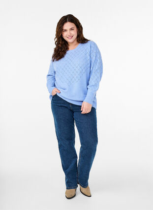 ZizziGebreide blouse met kantpatroon, Cornflower Blue Mel., Model image number 2