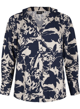 ZizziShirt met lange mouwen, print en V-hals, Navy Blazer AOP, Packshot image number 0