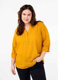 Katoenen overhemdblouse met V-hals, Golden Yellow, Model