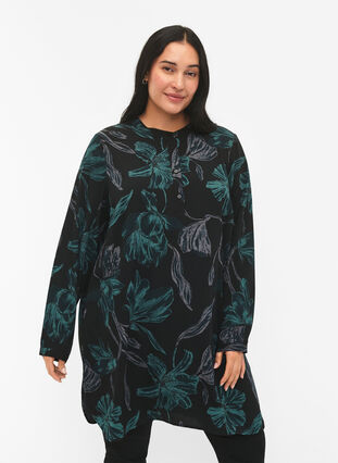 ZizziFLASH - Bloemen tuniek met lange mouwen, Black Scarab Flower, Model image number 0